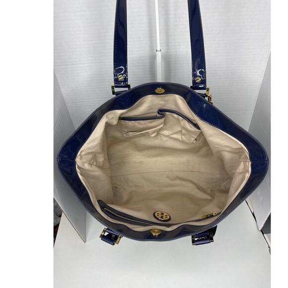 Tory Burch Canvas Jane Tote navy patient leather Shoulder Bag - Picture 11 of 14